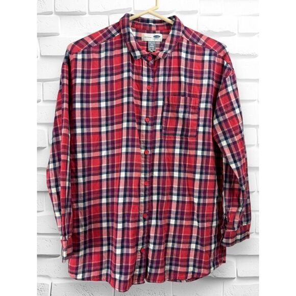 Old Navy Women’s Size 16 Red & Blue Plaid Flannel Button Up Boyfriend Shirt GUC - Picture 1 of 9